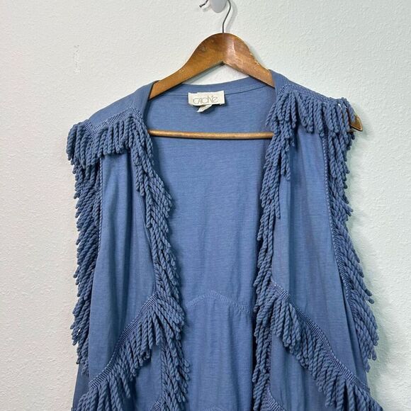 Cache Vintage Blue Fringe Open Front Festival Sleeveless Vest Cardigan One Size - Picture 2 of 13